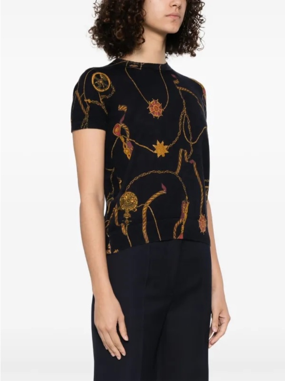 Lauren Ralph Lauren Equestrian Horse Bit Chain Print Black Knit Top XL